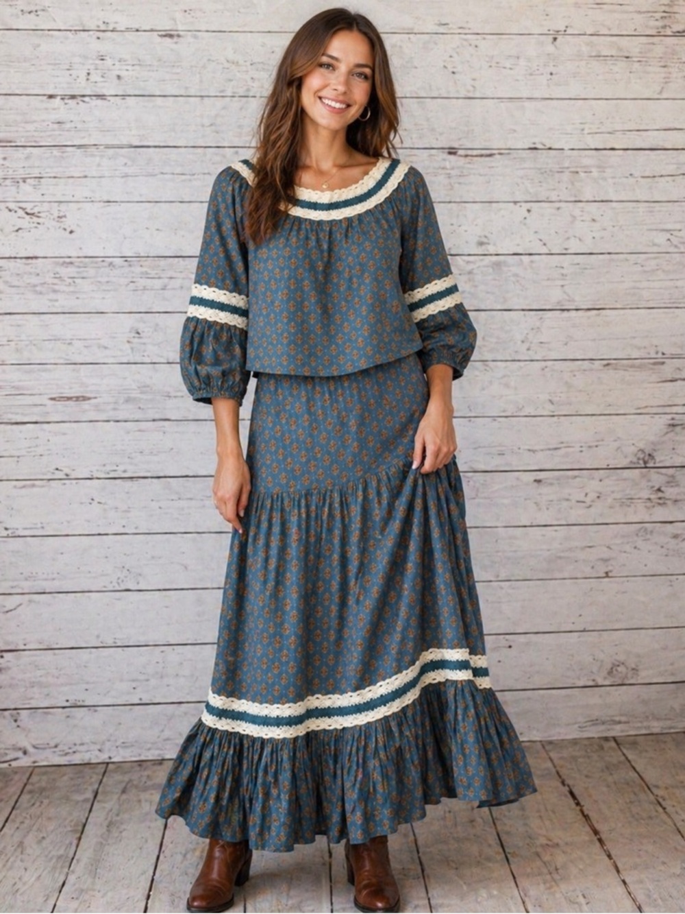 Luna Moon Maxi Skirt Set 2 Piece Teal Peasant Crocheted Ruffled Boho Size Small